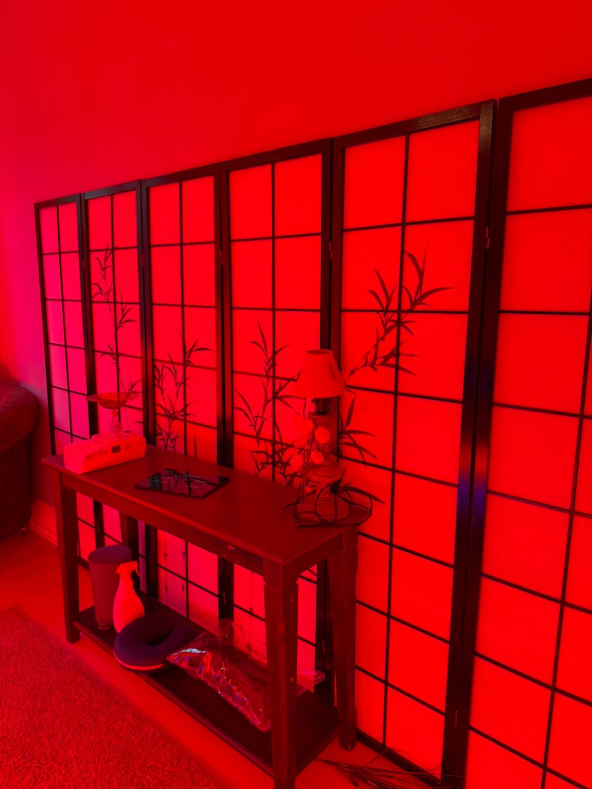 Pièce de la cabine corps entier : paravents japonais, console et éclairage rouge